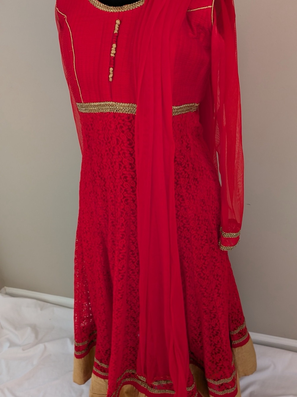 Elegant Red Orange Anarkali Dress with Gold Trim